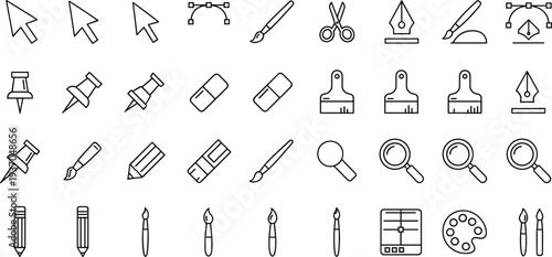 Graphic design tools line icon set with cursor, pen tool, brush, pencil, scissors, ruler, palette and creative software vector illustration