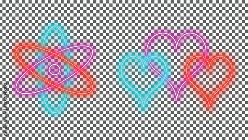 Vibrant neon love hearts and atomic symbol light glow design with transparent background
