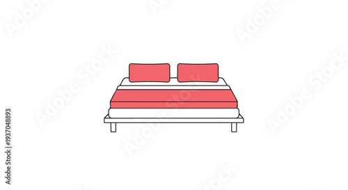 Minimalist Bed with Red Pillows and Mattress on White Background, Simple Flat Design