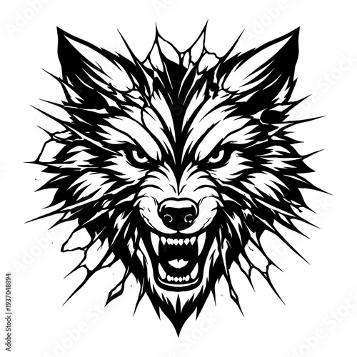 Fierce black and white wolf head illustration, stylized with sharp fangs and intense eyes. A dynamic vector graphic embodying raw power, untamed spirit, and predatory instinct. Perfect for bold brandi