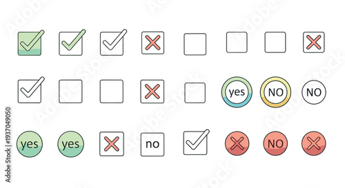 A graphic designer evaluating a checklist with various symbols and markings on a clean white background