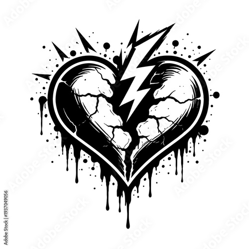 Black and White Broken Heart with Lightning Bolt. Grunge Style Drips and Splatters. Edgy illustration of lost love and pain, symbolizing heartbreak, betrayal, and rebellious emotion. Ideal for tattoos