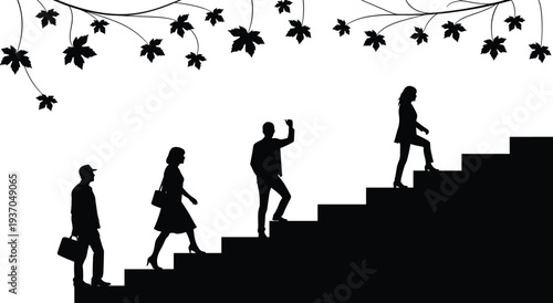 Black silhouette of business people climbing stairs under maple leaves branches, career growth and success concept, flat vector illustration, isolated