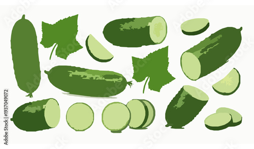 Realistic 3D cucumber vector with sliced pieces, leaves, and fresh organic vegetables