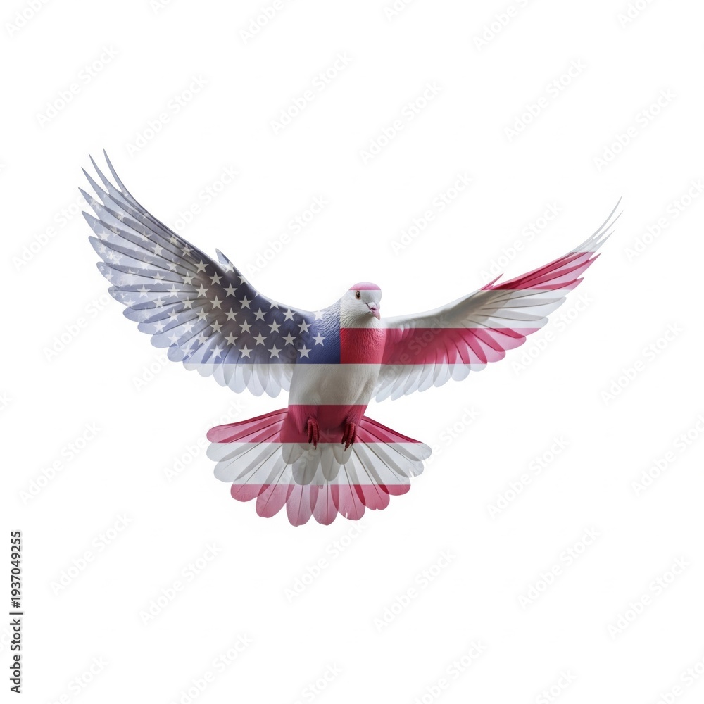 Obraz premium American Flag Patterned Dove Spreading Wings on White Background