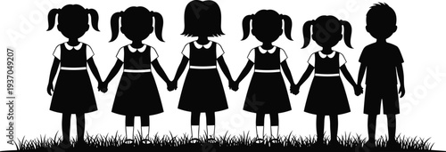 Black silhouette of children holding hands standing in a row on grass, diverse group of kids, flat vector illustration, isolated