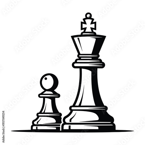Chess king and pawn standing side by side on plain background