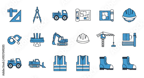 A collection of blue and black outlined icons representing various tools, vehicles, safety gear, and plans used in construction and engineering.