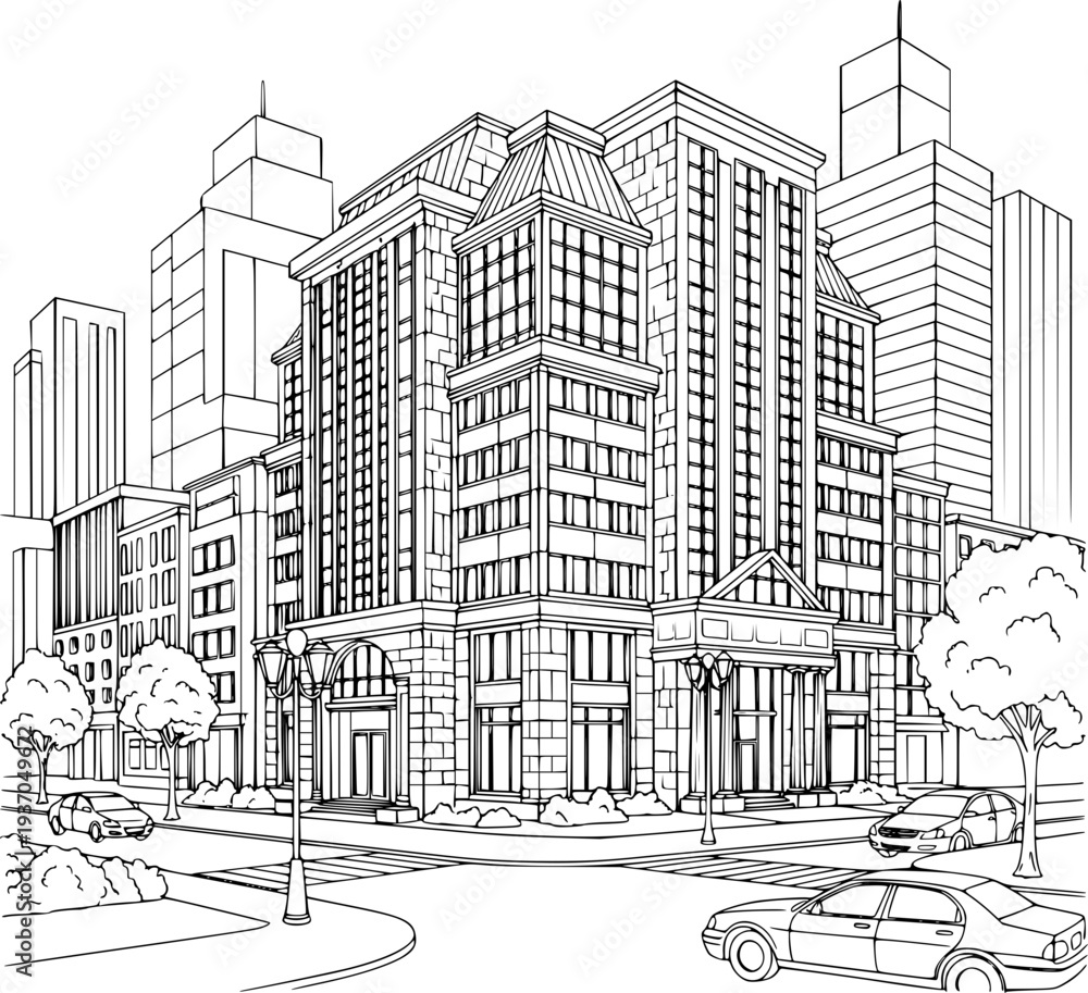 Obraz premium A vintage black and white vector illustration featuring a hand-drawn sketch of a Parisian city street with old urban buildings and classic architecture design