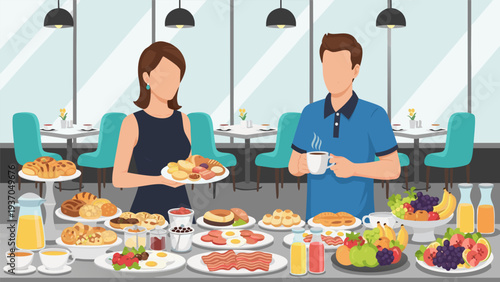 Vector illustration of a couple enjoying a breakfast buffet at a restaurant, with various food and drinks on display
