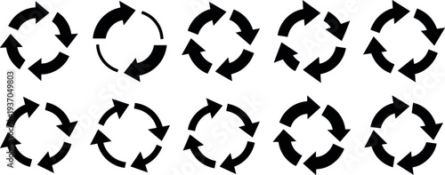 Circular Arrow Loop Icon Set Representing Refresh, Reload, Sync, Repeat, Rotation, and Continuous Process Symbols for Apps, Websites, Data Update, and Workflow Systems