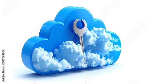 3D rendering of a stylized blue cloud with a metallic key protruding from it, on a white background