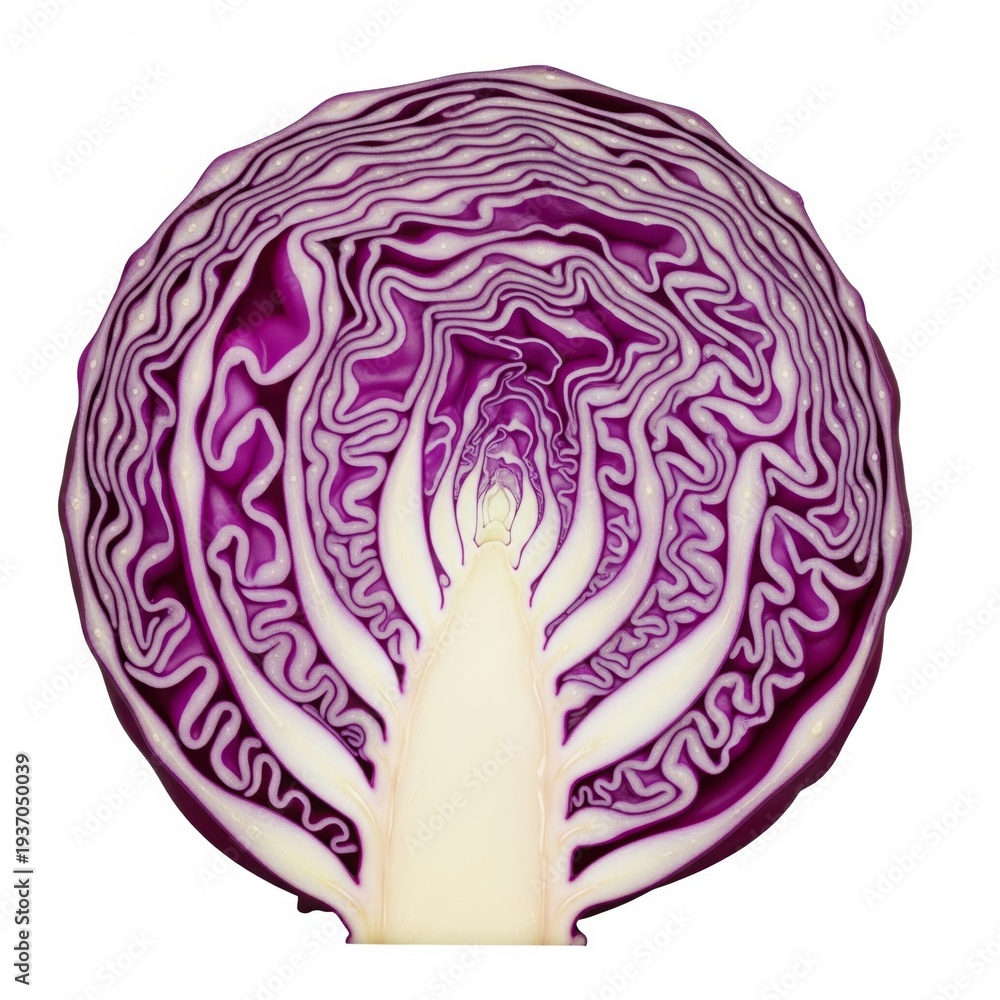 Obraz premium Sectioned Red Cabbage Displaying Striated Layers and Textured