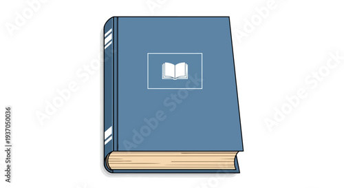 Closed Blue Hardcover Book with Open Book Icon on Cover, Isolated on White Background