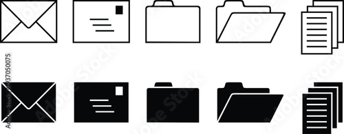 Mail, folder, and document icons for office communication and file management. Minimal outline and solid symbols for envelope, archive, and paperwork organization. Clean UI graphics for email apps, 