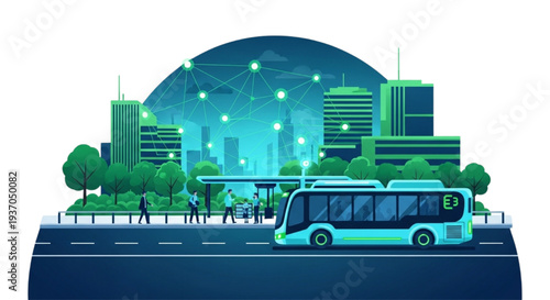 Modern Urban Landscape with Smart City Technology and Eco-Friendly Public Transportation Network Integration