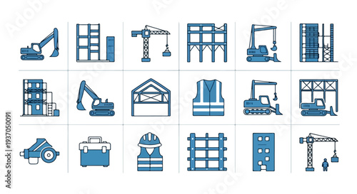A versatile collection of construction-themed icons, featuring various heavy machinery, building structures, tools, and safety gear.
