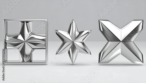 3D rendering of shiny metal geometric shapes a square with star, a star, and X shape, on white