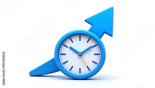 3D rendering of blue clock with upward arrow