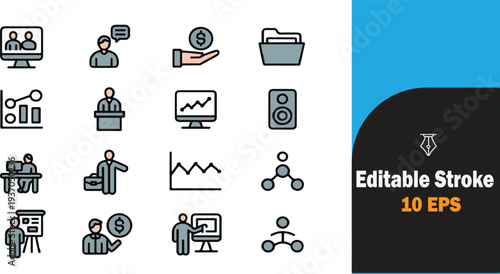 Set of editable stroke icons for business presentations and financial reports