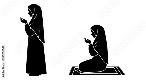 Set of 2 Muslim women praying vector icons