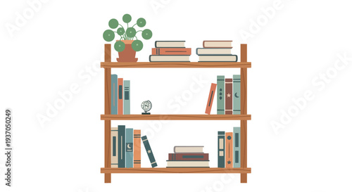Cozy Wooden Bookshelf with Stacked Books and Potted Plant, Home Library Decor