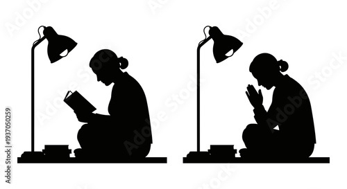 Set of 2 people reading and using phone vector silhouettes