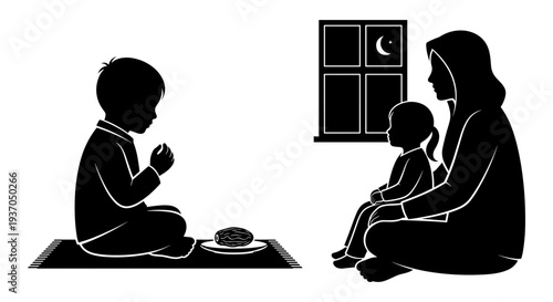 Vector silhouette of mother and kids praying during Ramadan