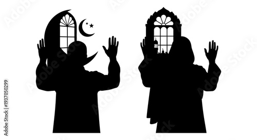 Silhouette of two people praying in mosque vector