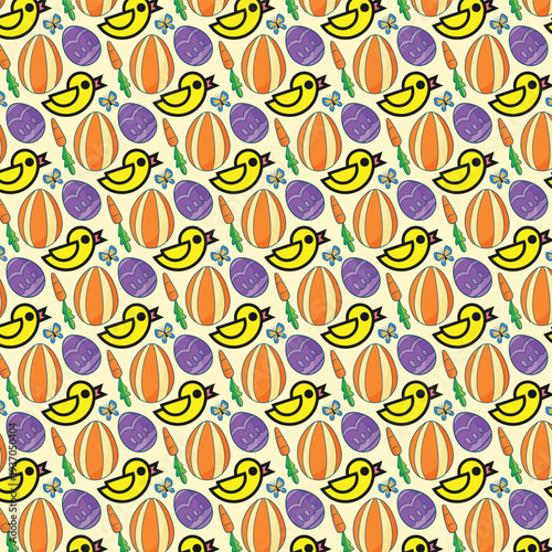Seamless pattern featuring cute yellow cartoon chicks Easter eggs carrots and butterflies celebrating springtime