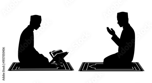 Vector silhouette of two men praying on mats