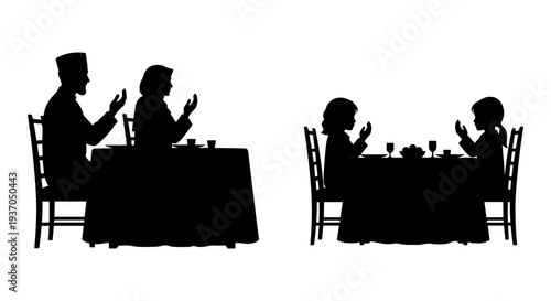 Set of 2 people dining vector silhouettes