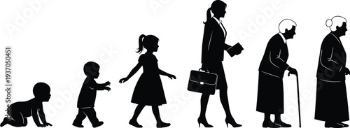 Black silhouette showing aging process of woman from baby to toddler girl professional adult and elderly grandmother, flat vector illustration
