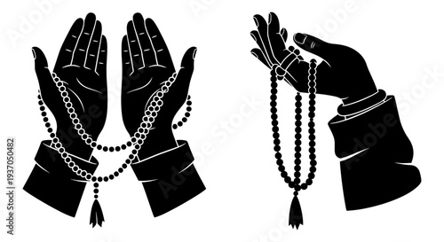 Set of 2 praying hands with rosary vector illustrations