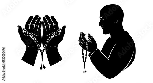 Vector illustration of prayer beads and hands, man praying