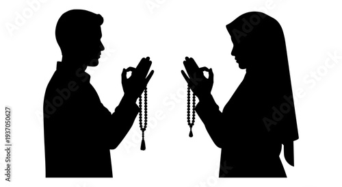 Silhouette of man and woman praying with rosary vector