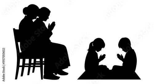 Silhouette of family praying together vector