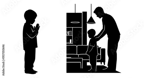 Vector silhouette of a man and two boys in a living room