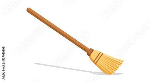 Broomstick with Wooden Handle and Bristles, Isolated on White Background