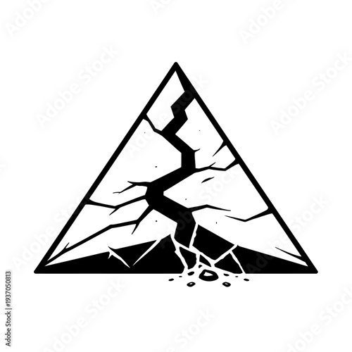 Striking black and white vector illustration of a geometric triangle emblem, severely cracked and crumbling from its apex to its base, symbolizing imminent breakdown, structural failure, fragility, de