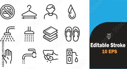 Set of editable stroke icons for bathroom and hygiene symbols