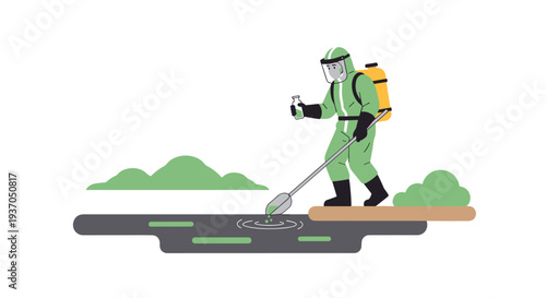 A person in a green hazmat suit collecting a water sample from a river.