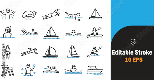 Set of editable swimming and water sports stroke icons for graphic design projects