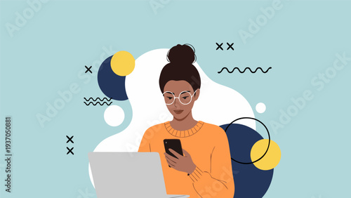 Contemporary vector illustration of a focused woman using phone and laptop, reflecting digital work and modern communication
