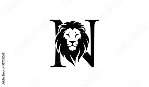 Lion head silhouette integrated with letter N modern animal logo design vector illustration