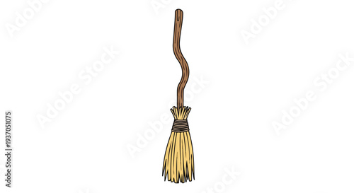 Hand-drawn illustration of a rustic witch's broomstick with a twisted wooden handle and straw bristles, isolated on white.