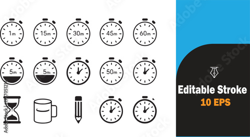 Set of editable vector clock and timer icons with various time intervals
