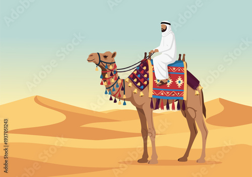 Traditional Arabian man riding a decorated camel through vast desert dunes, a vibrant vector illustration capturing exotic travel and rich cultural heritage