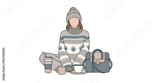 A person in a grey patterned sweater and beanie sitting with coffee cups.