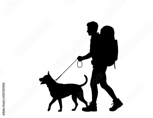 Man with backpack walking a dog on a leash